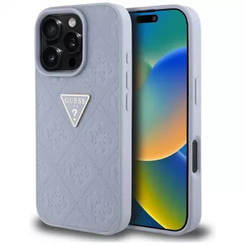 Capa traseira Guess Hot Stamp 4G Pattern Triangle Metal Logo para iPhone 16 Pro, roxa