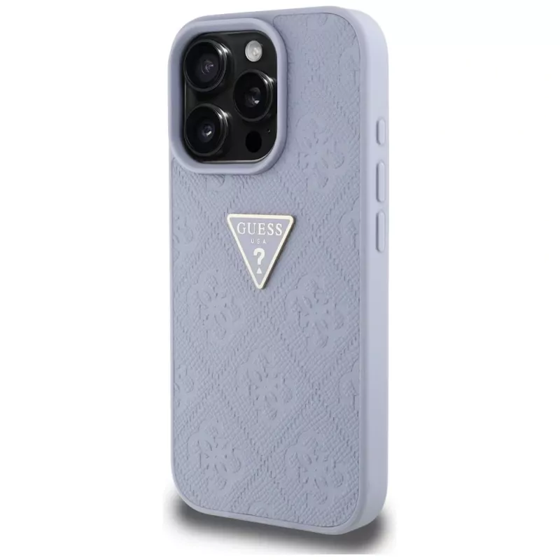Capa Guess Hot Stamp 4G Pattern Triangle Metal Logo para iPhone 16 Pro Max (roxa)