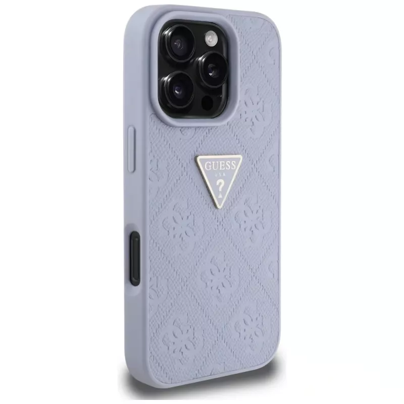 Capa Guess Hot Stamp 4G Pattern Triangle Metal Logo para iPhone 16 Pro Max (roxa)