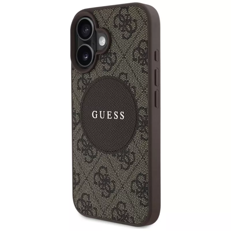 Capa MagSafe Guess 4G Circle Classic Logo para iPhone 16, castanha