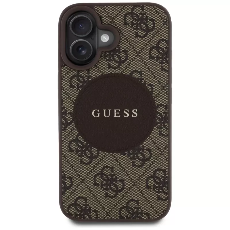 Capa MagSafe Guess 4G Circle Classic Logo para iPhone 16, castanha