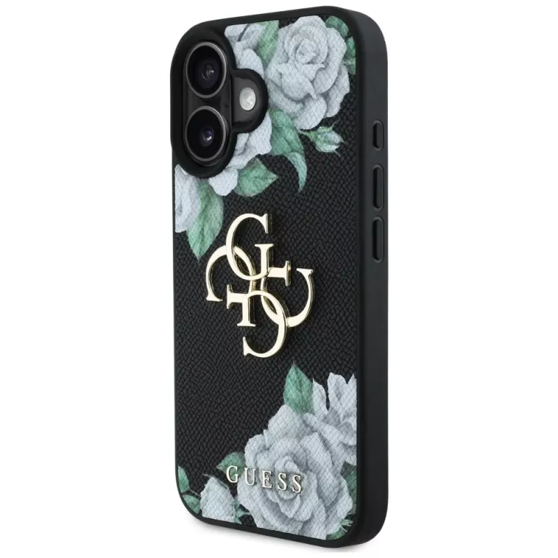 Guess Grained Roses Big 4G Logo Capa para Apple iPhone 16, Preto