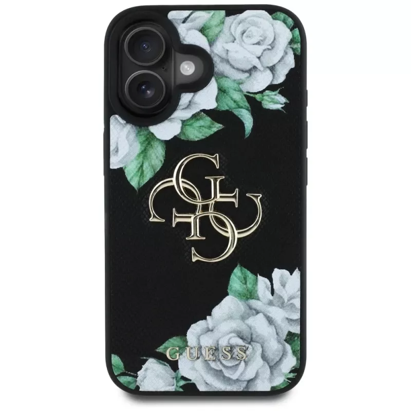 Guess Grained Roses Big 4G Logo Capa para Apple iPhone 16, Preto