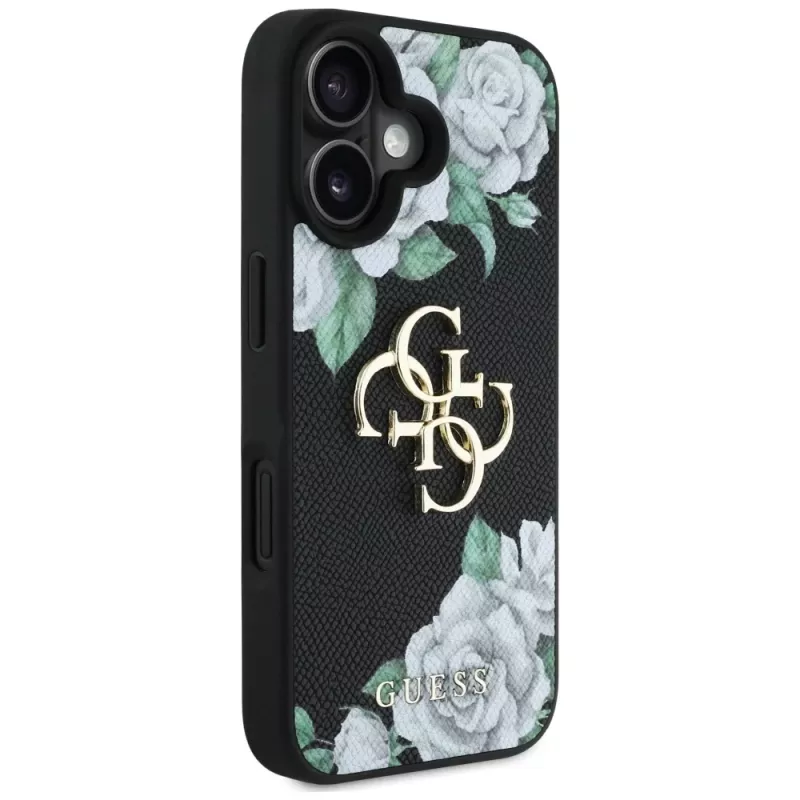 Guess Grained Roses Big 4G Logo Capa para Apple iPhone 16, Preto