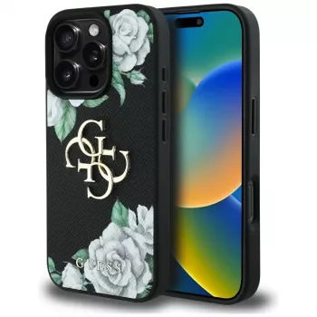 Guess Grained Roses Big 4G Logo Capa para iPhone 16 Pro Max, Preto