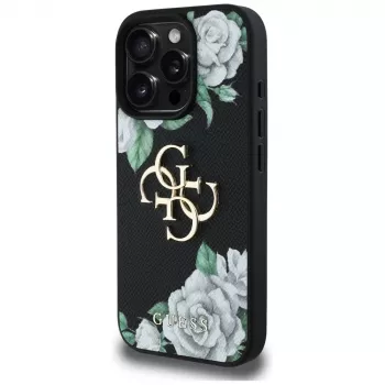 Guess Grained Roses Big 4G Logo Capa para iPhone 16 Pro Max, Preto