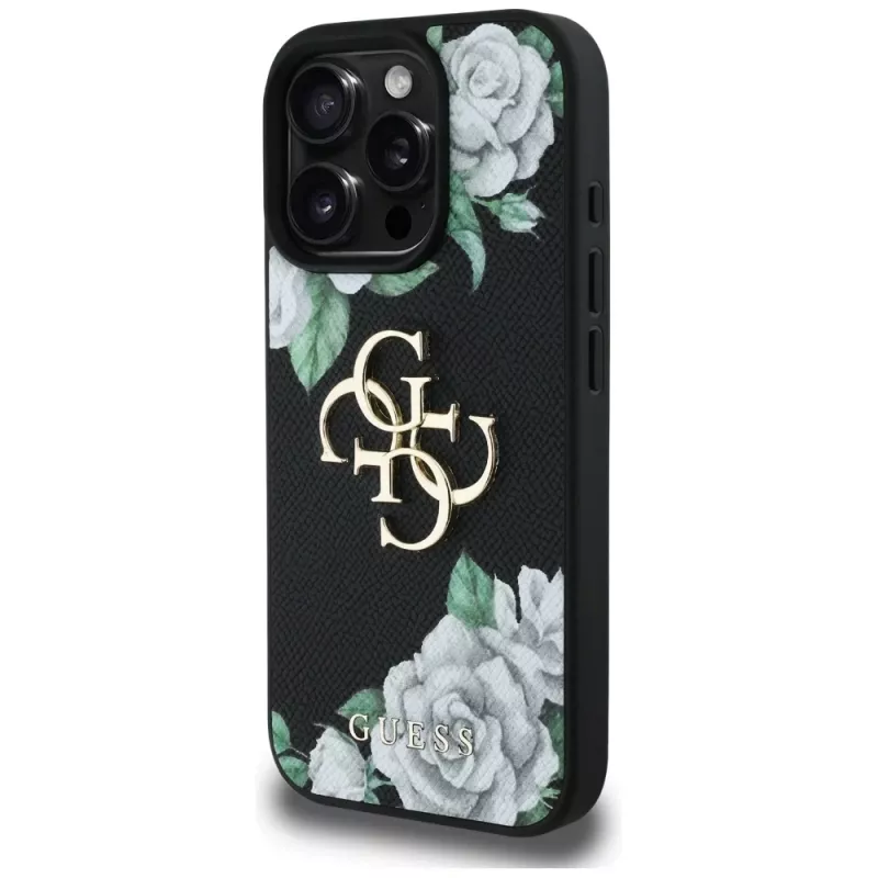 Guess Grained Roses Big 4G Logo Capa para iPhone 16 Pro Max, Preto