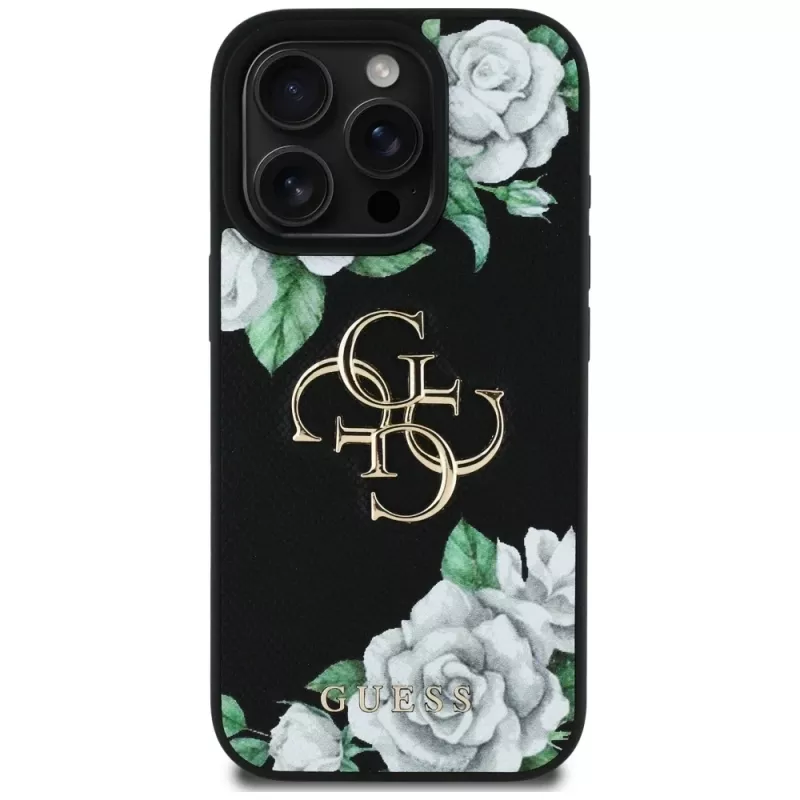 Guess Grained Roses Big 4G Logo Capa para iPhone 16 Pro Max, Preto