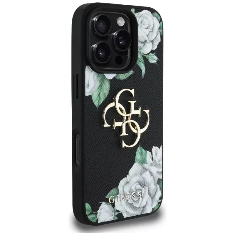 Guess Grained Roses Big 4G Logo Capa para iPhone 16 Pro Max, Preto