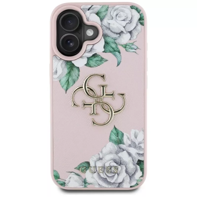 Guess Grained Roses Big 4G Logo Capa para Apple iPhone 16 - Rosa