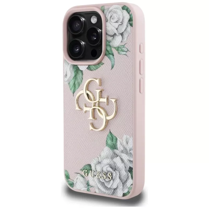 Guess Grained Roses Big 4G Logo Capa para Apple iPhone 16 Pro, Rosa