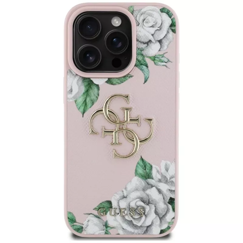 Guess Grained Roses Big 4G Logo Capa para Apple iPhone 16 Pro, Rosa