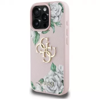 Guess Grained Roses Big 4G Logo Capa para iPhone 16 Pro Max - Rosa