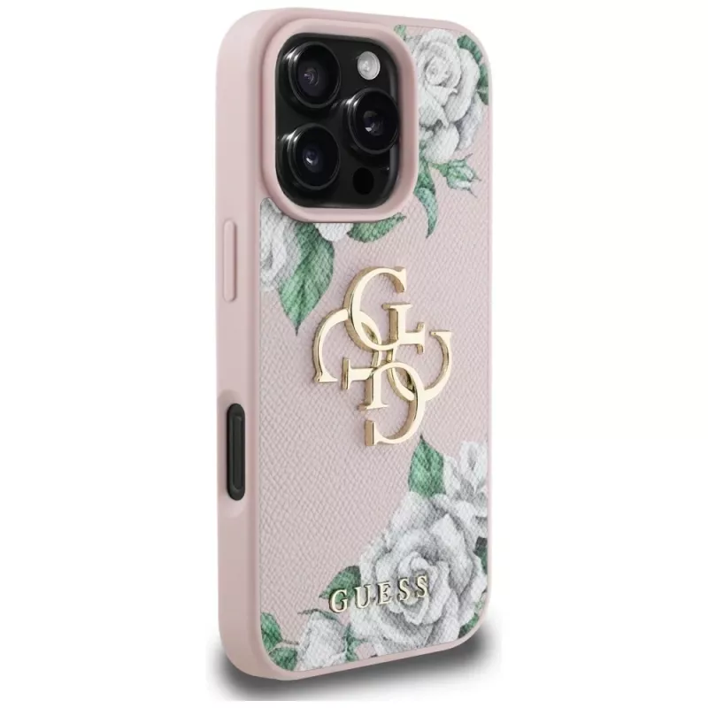 Guess Grained Roses Big 4G Logo Capa para iPhone 16 Pro Max - Rosa