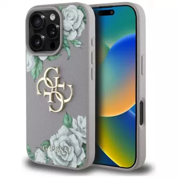 Guess Grained Roses Big 4G Logo Capa para Apple iPhone 16 Pro Max - Lilás