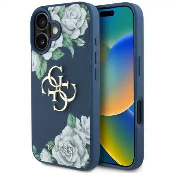 Guess Grained Roses Big 4G Logo Capa para Apple iPhone 16 - Azul