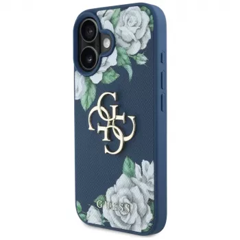 Guess Grained Roses Big 4G Logo Capa para Apple iPhone 16 - Azul