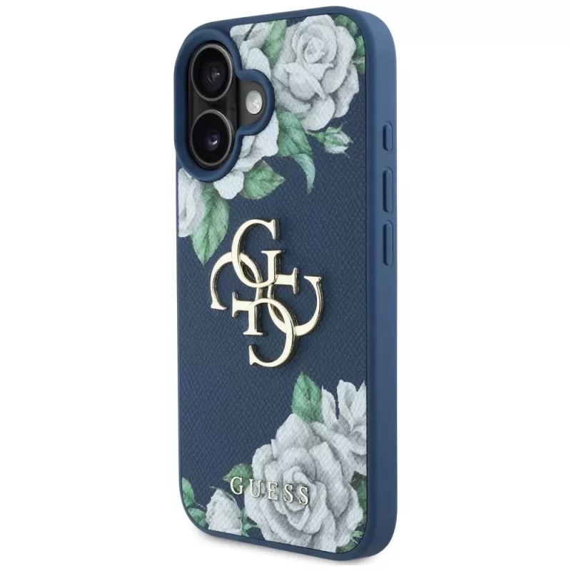 Guess Grained Roses Big 4G Logo Capa para Apple iPhone 16 - Azul