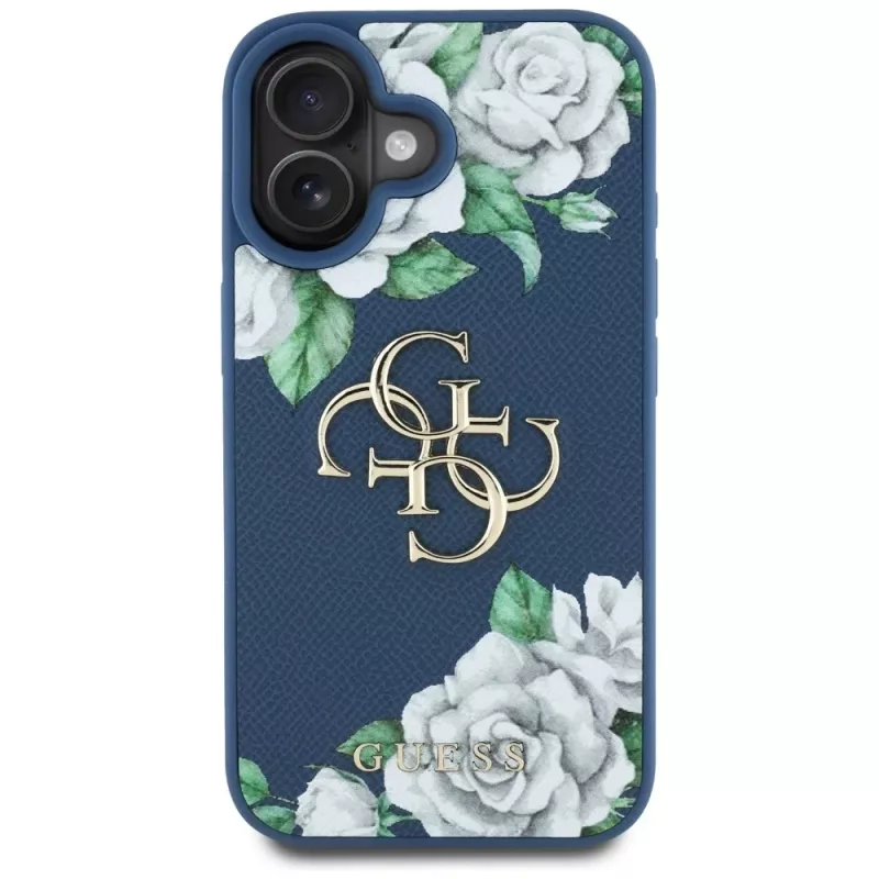 Guess Grained Roses Big 4G Logo Capa para Apple iPhone 16 - Azul