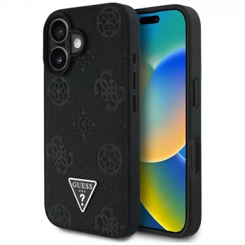 Guess Grained Hot Stamp Peony Triangle Logo Capa MagSafe para iPhone 16 (Preto)
