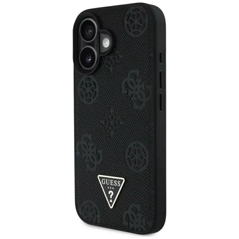 Guess Grained Hot Stamp Peony Triangle Logo Capa MagSafe para iPhone 16 (Preto)