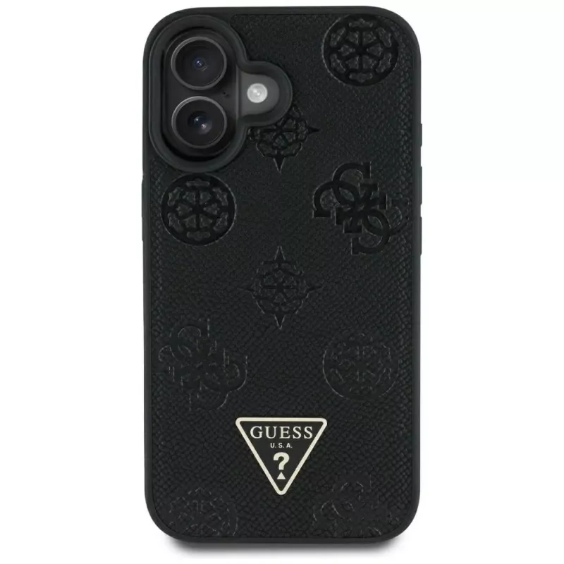 Guess Grained Hot Stamp Peony Triangle Logo Capa MagSafe para iPhone 16 (Preto)