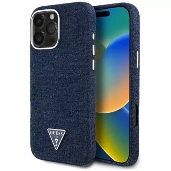 Guess Denim Triangle Logo Capa MagSafe para Apple iPhone 16 Pro Max Azul