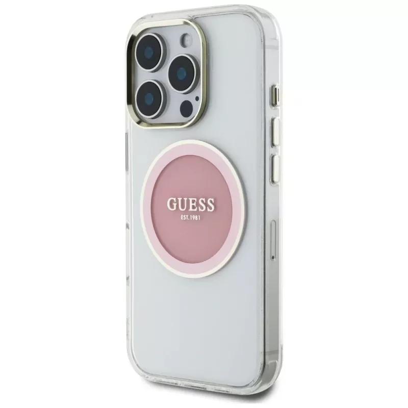 Guess IML Metal Colored Circle Classic Logo Capa MagSafe para iPhone 16 Pro (Rosa)