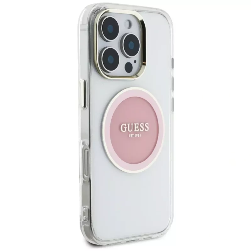 Guess IML Metal Colored Circle Classic Logo Capa MagSafe para iPhone 16 Pro (Rosa)