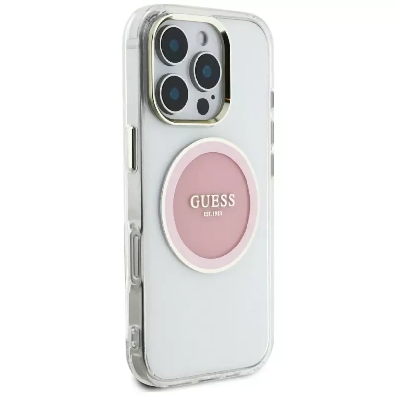 Guess IML Metal Colored Circle Classic Logo Capa MagSafe para iPhone 16 Pro Max (Rosa)