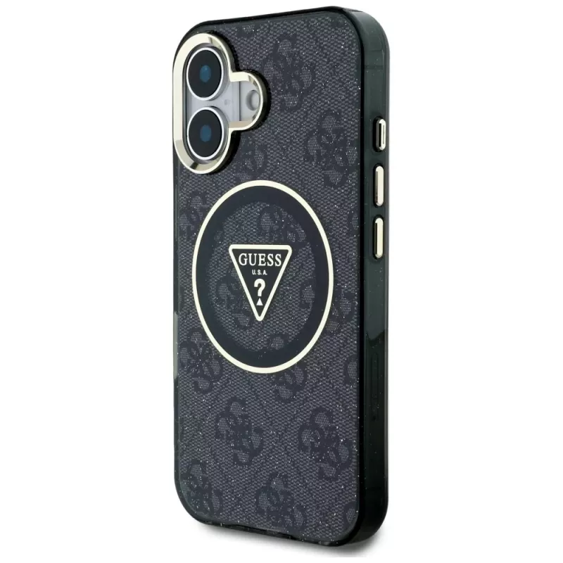 Guess IML Metal Glitter 4G Circle Triangle Capa MagSafe para Apple iPhone 16 (Preto)