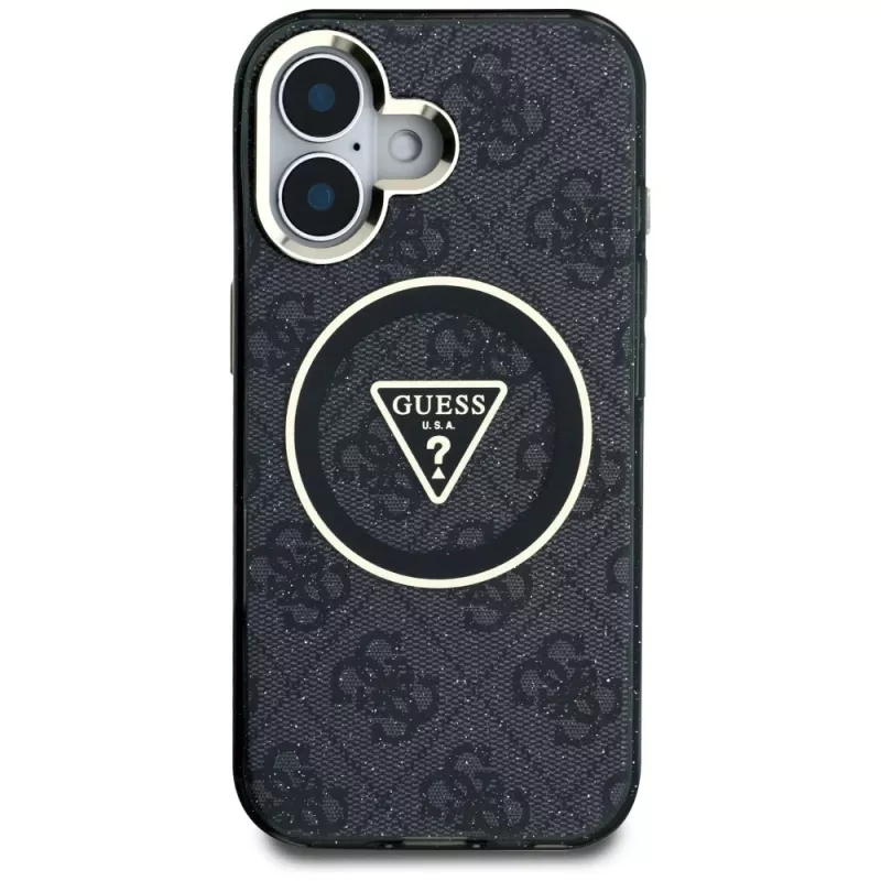 Guess IML Metal Glitter 4G Circle Triangle Capa MagSafe para Apple iPhone 16 (Preto)