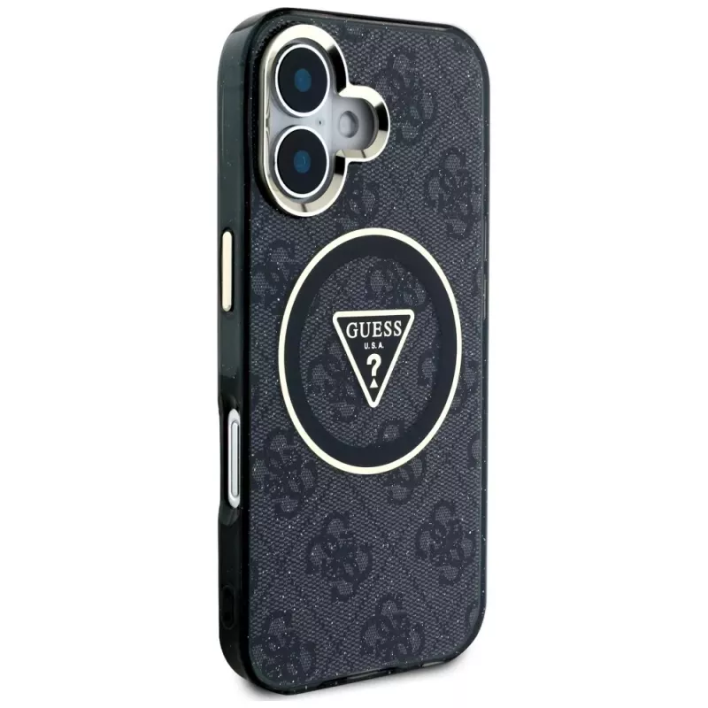 Guess IML Metal Glitter 4G Circle Triangle Capa MagSafe para Apple iPhone 16 (Preto)