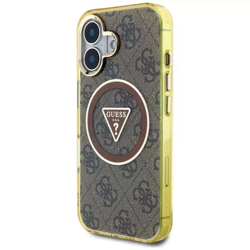 Guess IML Metal Glitter 4G Circle Triangle Capa MagSafe para iPhone 16 (Castanho)