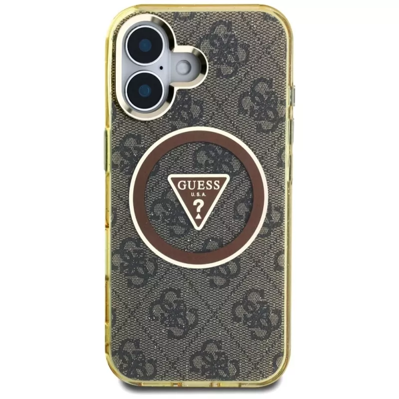 Guess IML Metal Glitter 4G Circle Triangle Capa MagSafe para iPhone 16 (Castanho)