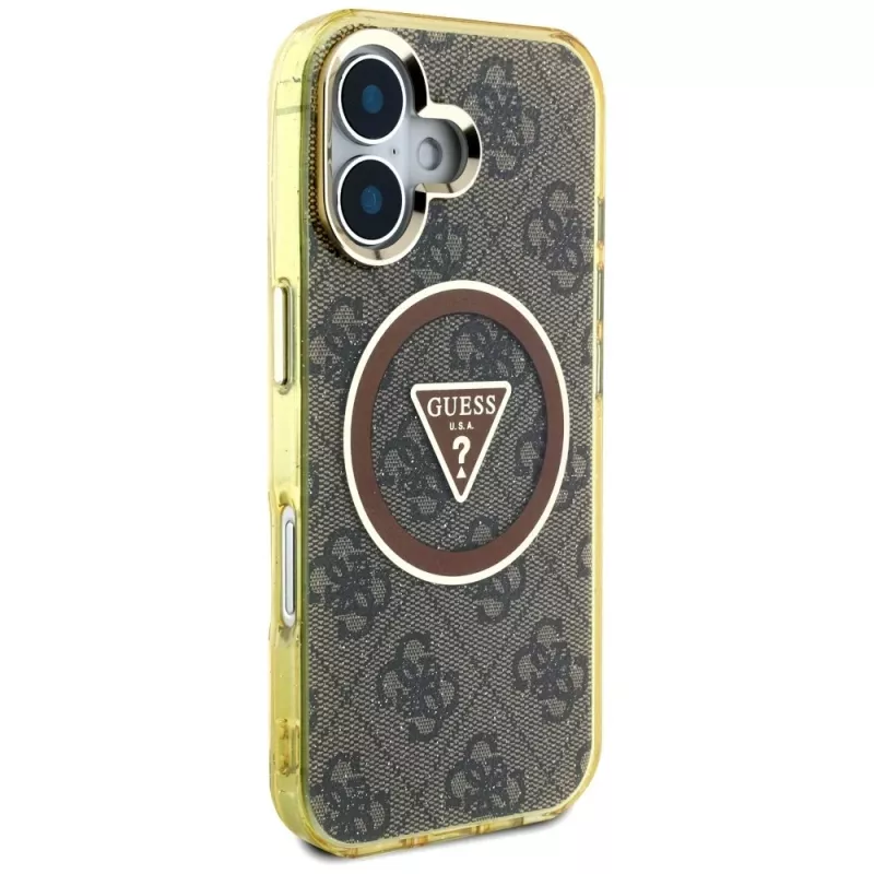 Guess IML Metal Glitter 4G Circle Triangle Capa MagSafe para iPhone 16 (Castanho)