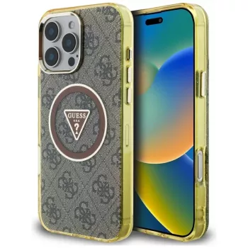 Guess IML Metal Glitter 4G Circle Triangle Capa MagSafe para iPhone 16 Pro (Castanho)