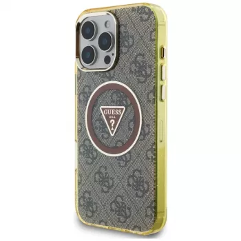 Guess IML Metal Glitter 4G Circle Triangle Capa MagSafe para iPhone 16 Pro (Castanho)