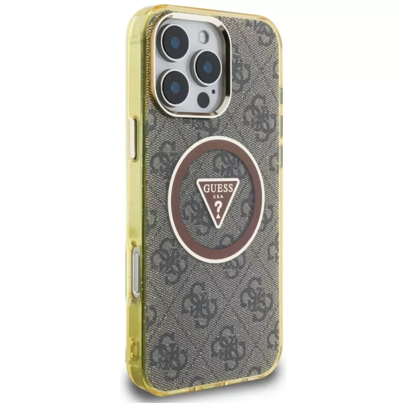 Guess IML Metal Glitter 4G Circle Triangle Capa MagSafe para iPhone 16 Pro (Castanho)