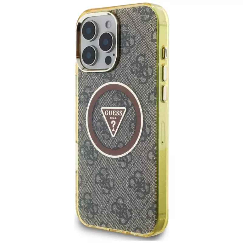 Guess IML Metal Glitter 4G Circle Triangle Capa MagSafe para iPhone 16 Pro Max (Castanho)