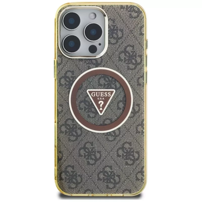 Guess IML Metal Glitter 4G Circle Triangle Capa MagSafe para iPhone 16 Pro Max (Castanho)