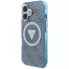 Guess IML Metal Glitter 4G Circle Triangle Capa MagSafe para iPhone 16 (Azul)