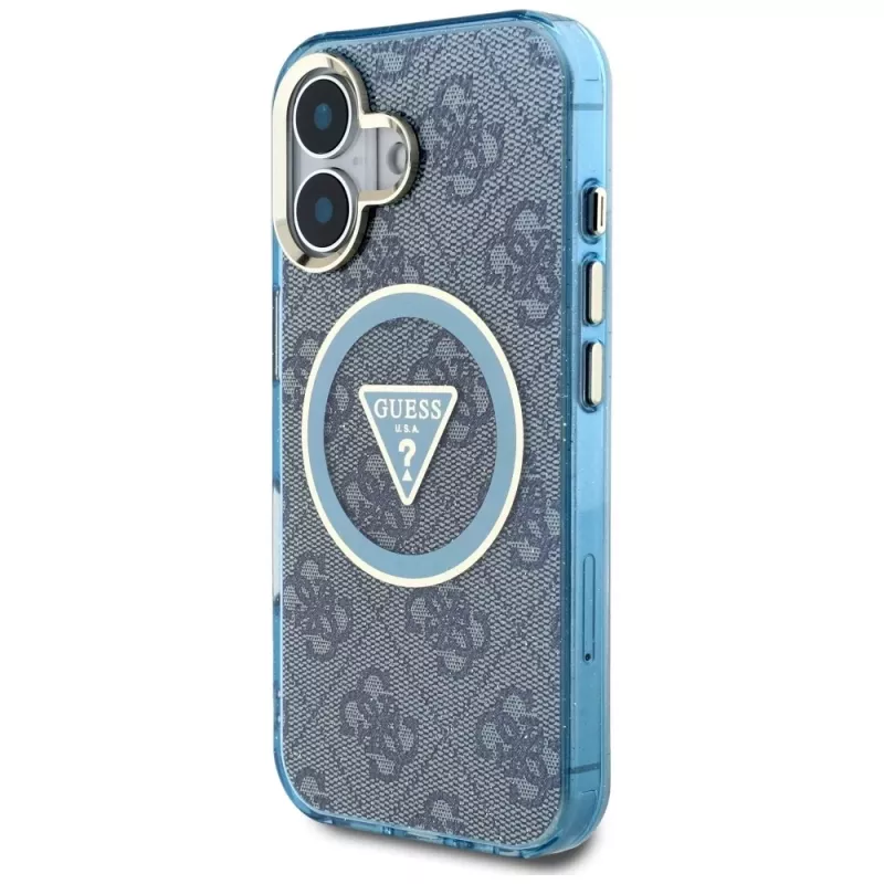 Guess IML Metal Glitter 4G Circle Triangle Capa MagSafe para iPhone 16 (Azul)