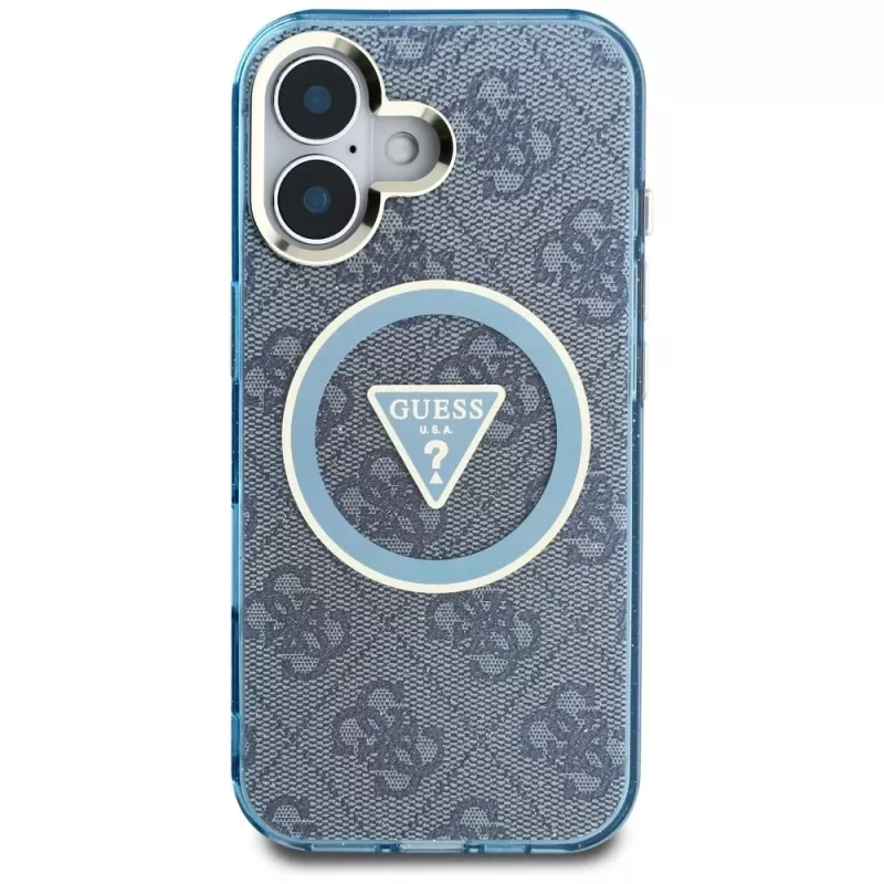 Guess IML Metal Glitter 4G Circle Triangle Capa MagSafe para iPhone 16 (Azul)