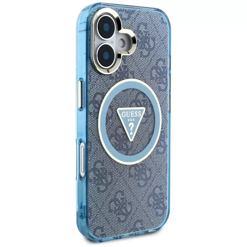 Guess IML Metal Glitter 4G Circle Triangle Capa MagSafe para iPhone 16 (Azul)