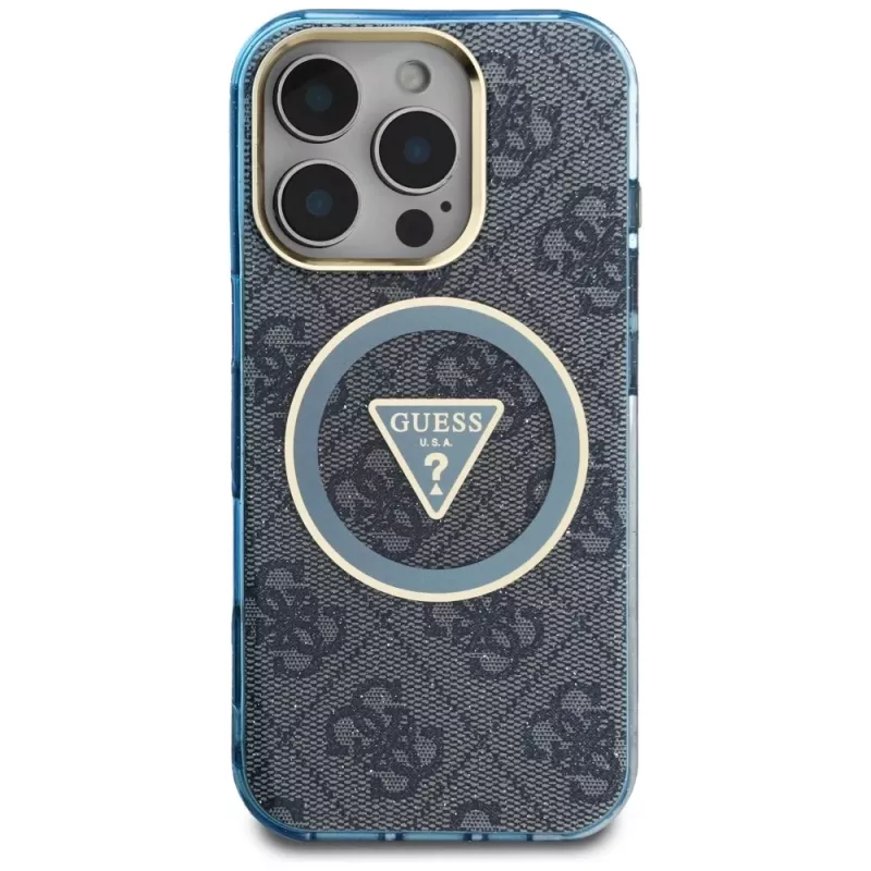 Guess IML Metal Glitter 4G Circle Triangle Capa MagSafe para iPhone 16 Pro (Azul)