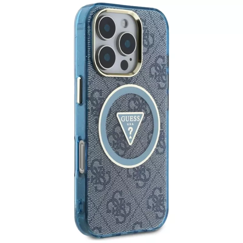 Guess IML Metal Glitter 4G Circle Triangle Capa MagSafe para iPhone 16 Pro (Azul)