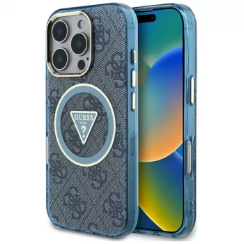 Guess IML Metal Glitter 4G Circle Triangle Capa MagSafe para iPhone 16 Pro Max (Azul)
