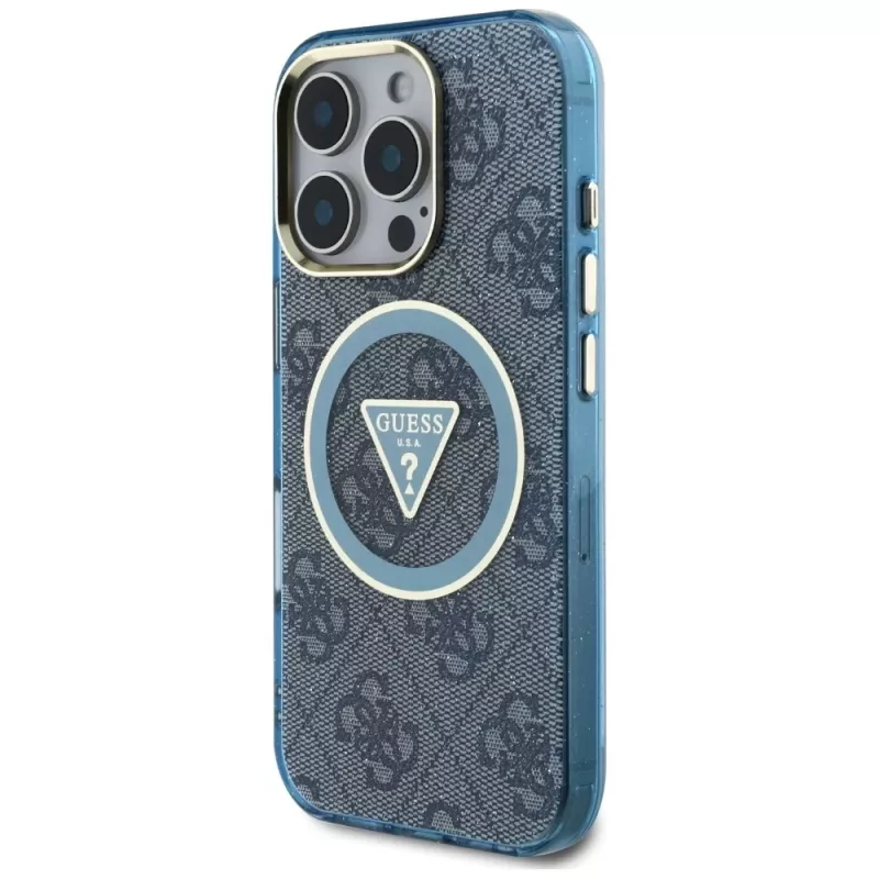 Guess IML Metal Glitter 4G Circle Triangle Capa MagSafe para iPhone 16 Pro Max (Azul)