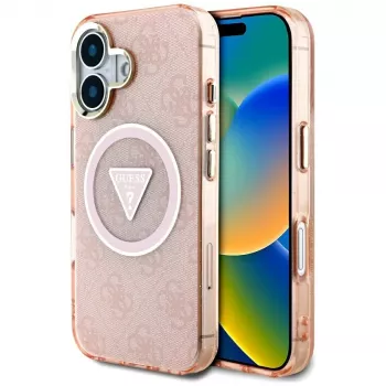 Guess IML Metal Glitter 4G Circle Triangle Capa MagSafe para iPhone 16 (Rosa)